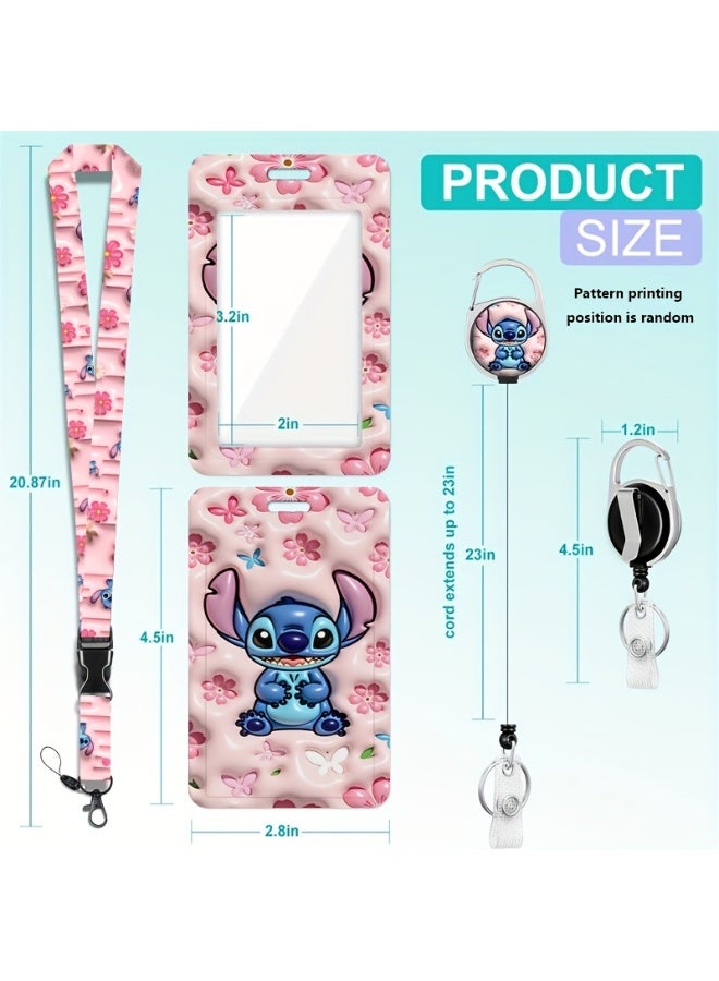 Disney 3-in-1 Disney Pink Cherry Blossom Stitch Logo Plastic ID Holder with Lanyard, Retractable ID Roller, Keychain and Extension Chain - Suitable for workers, students, bus drivers, doctors, nurses, etc. - Image 4